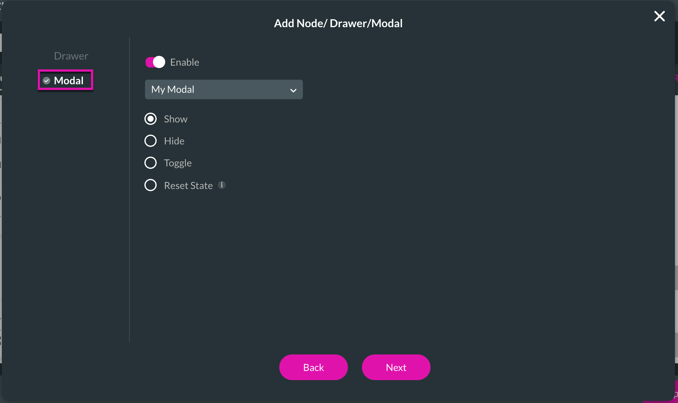 Screenshot of Add Node Drawer Modal window showing how to configure modal to show 