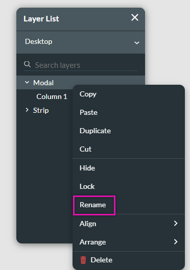 Screenshot of Layer List showing how to rename a modal 
