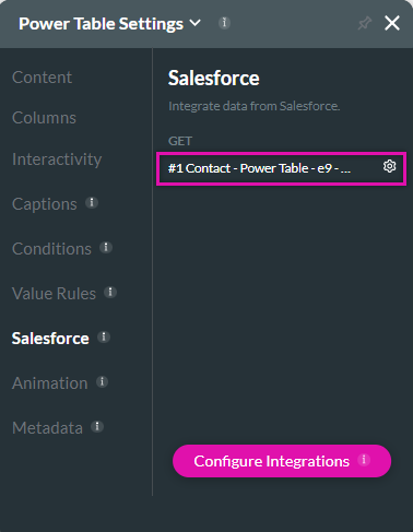 Screenshot of the Power Table Settings menu showing the Salesforce tab 