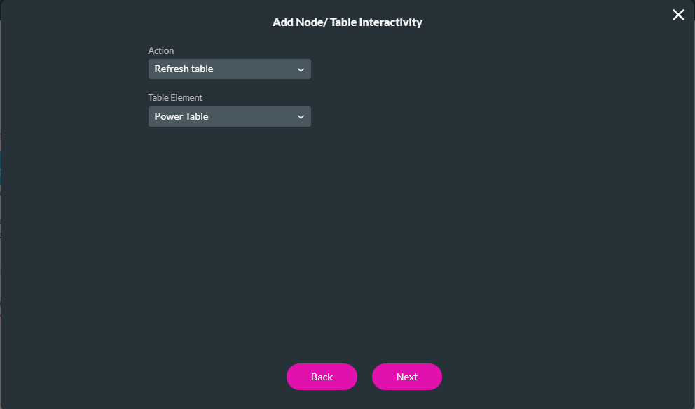 Screenshot of add node table interactivity window showing how to configure table interactivity actions 