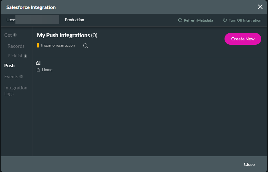 Screenshot of the Salesforce Integration window displaying the Push tab 