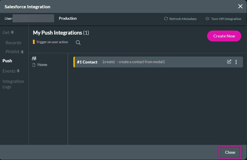 Screenshot of the Salesforce Integration window 