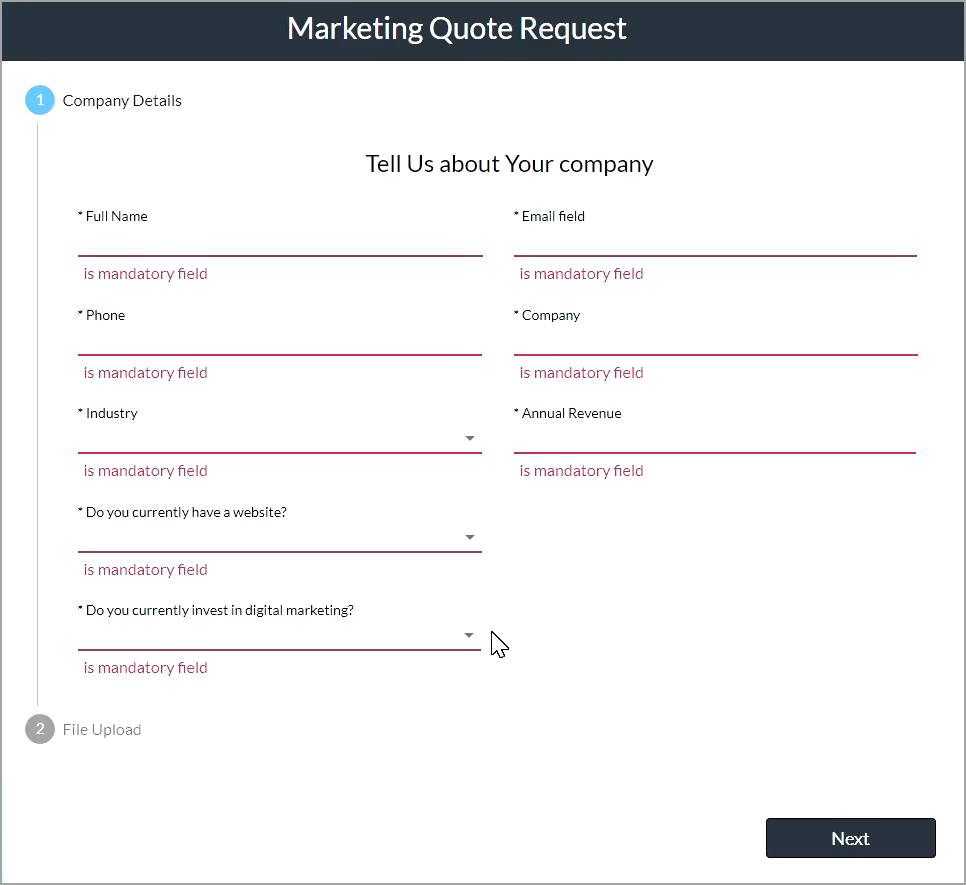 Screenshot of Marketing Quote Request showing mandatory fields example 