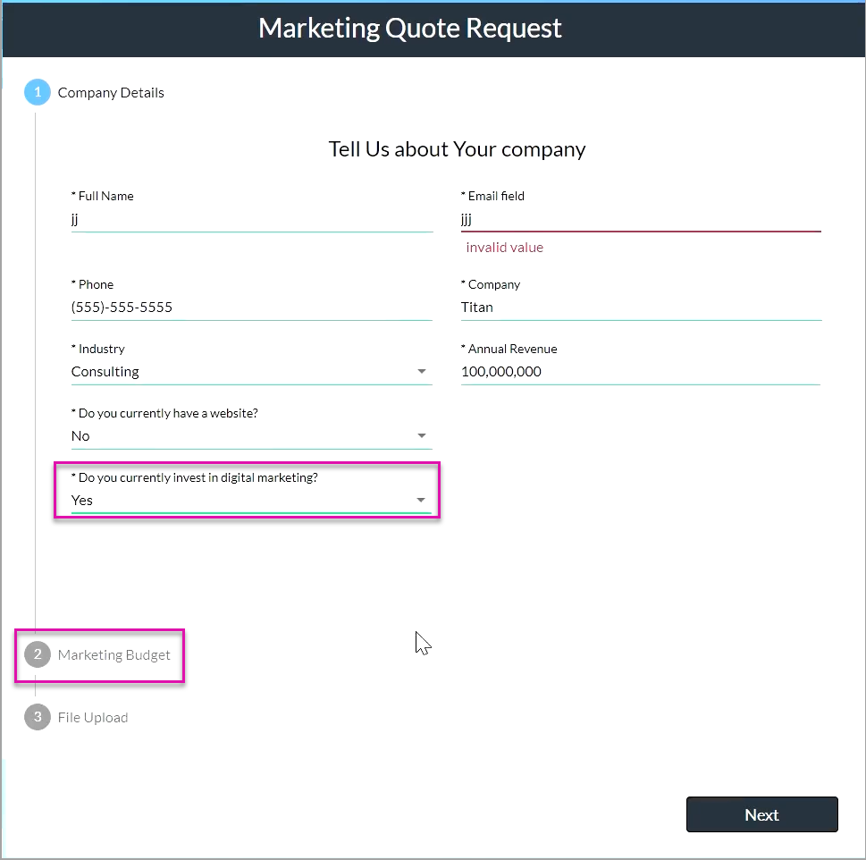 Screenshot of Marketing Quote Request showing repeat multistep container example 