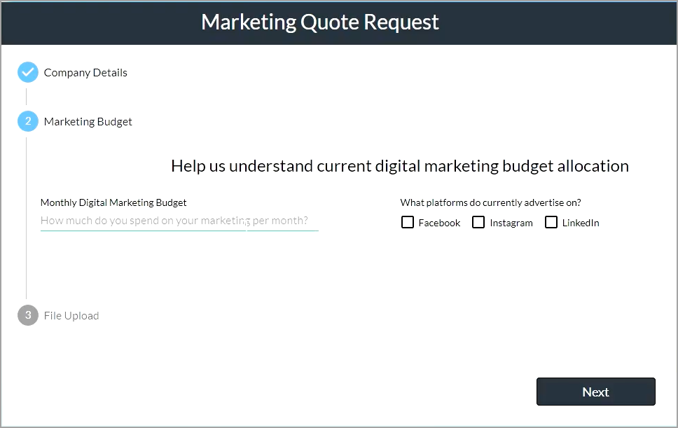Screenshot of Marketing Quote Request showing repeat multi-step container example 