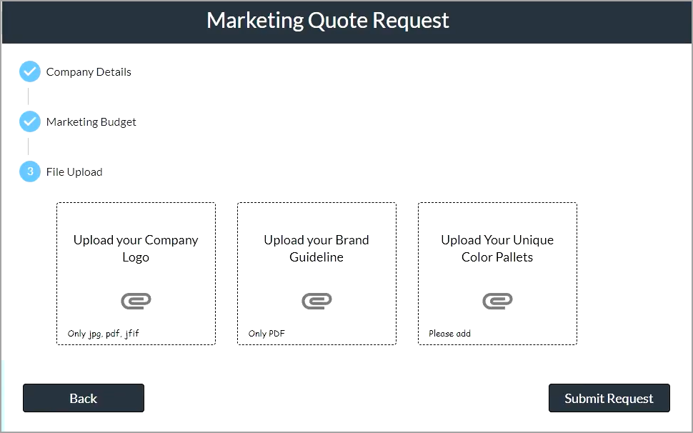 Screenshot of Marketing Quote Request showing multi-step container example 