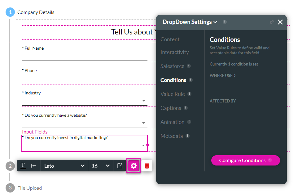 Screenshot of the dropdown settings menu showing the conditions tab 