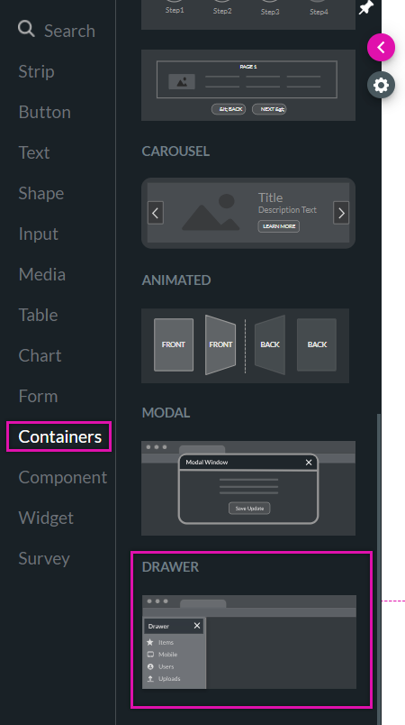 Screenshot of the containers tab