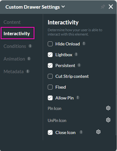 Screenshot of the custom drawer settings showing the  interactivity tab