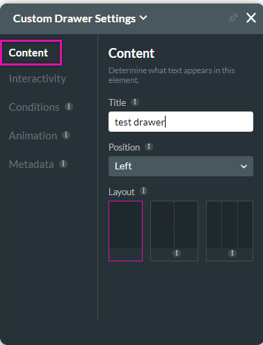 Screenshot of Custom Drawer Settings showing the content tab 