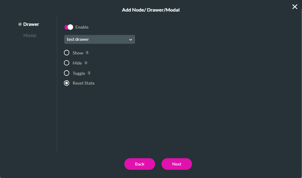 Screenshot of the Add Node Drawer Modal window showing how to configure reset state 