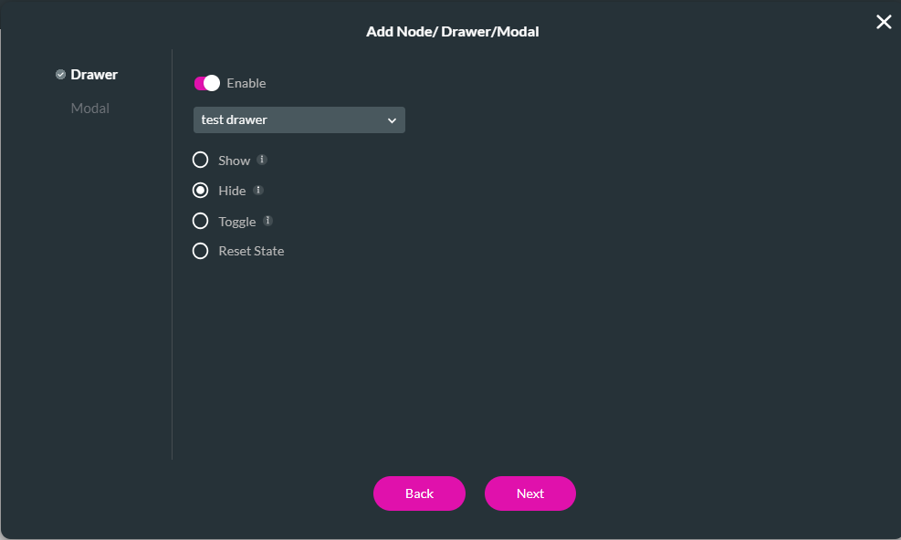 Screenshot of the Add Node Drawer Modal window showing the hide drawer config 