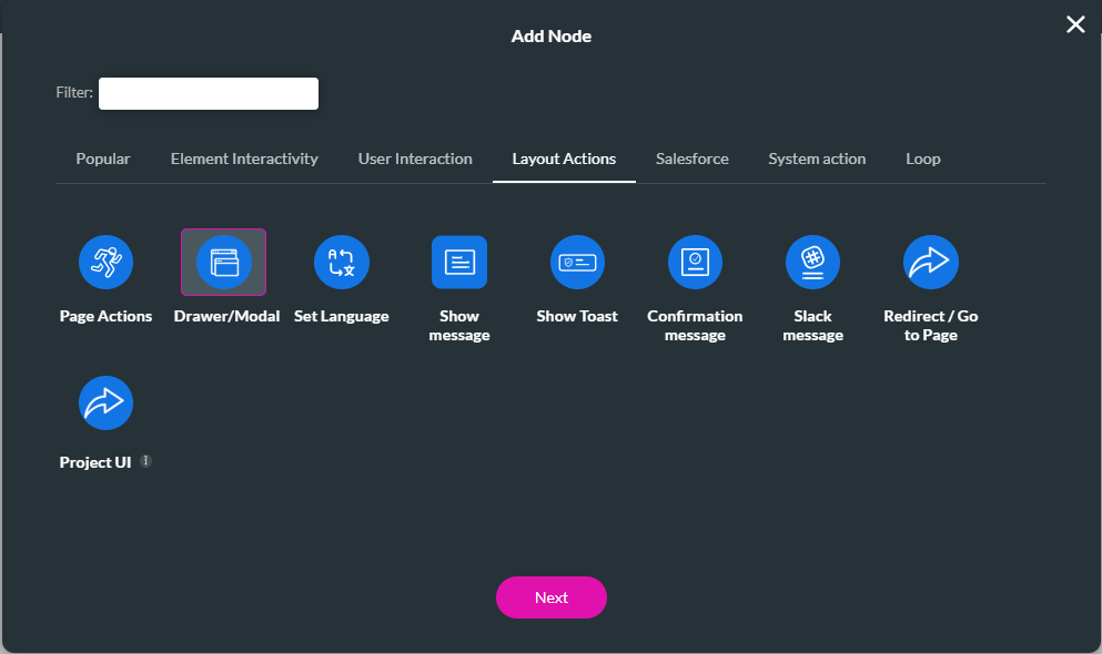 Screenshot of the Add Node window with the drawer/modal node highlighted 