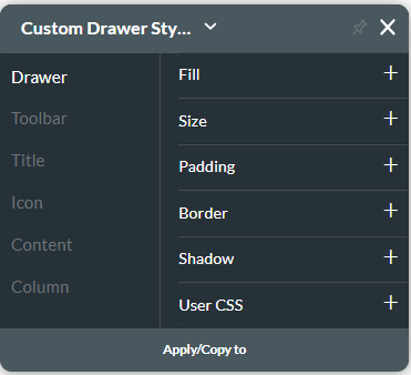 Screenshot of the custom drawer styling window 