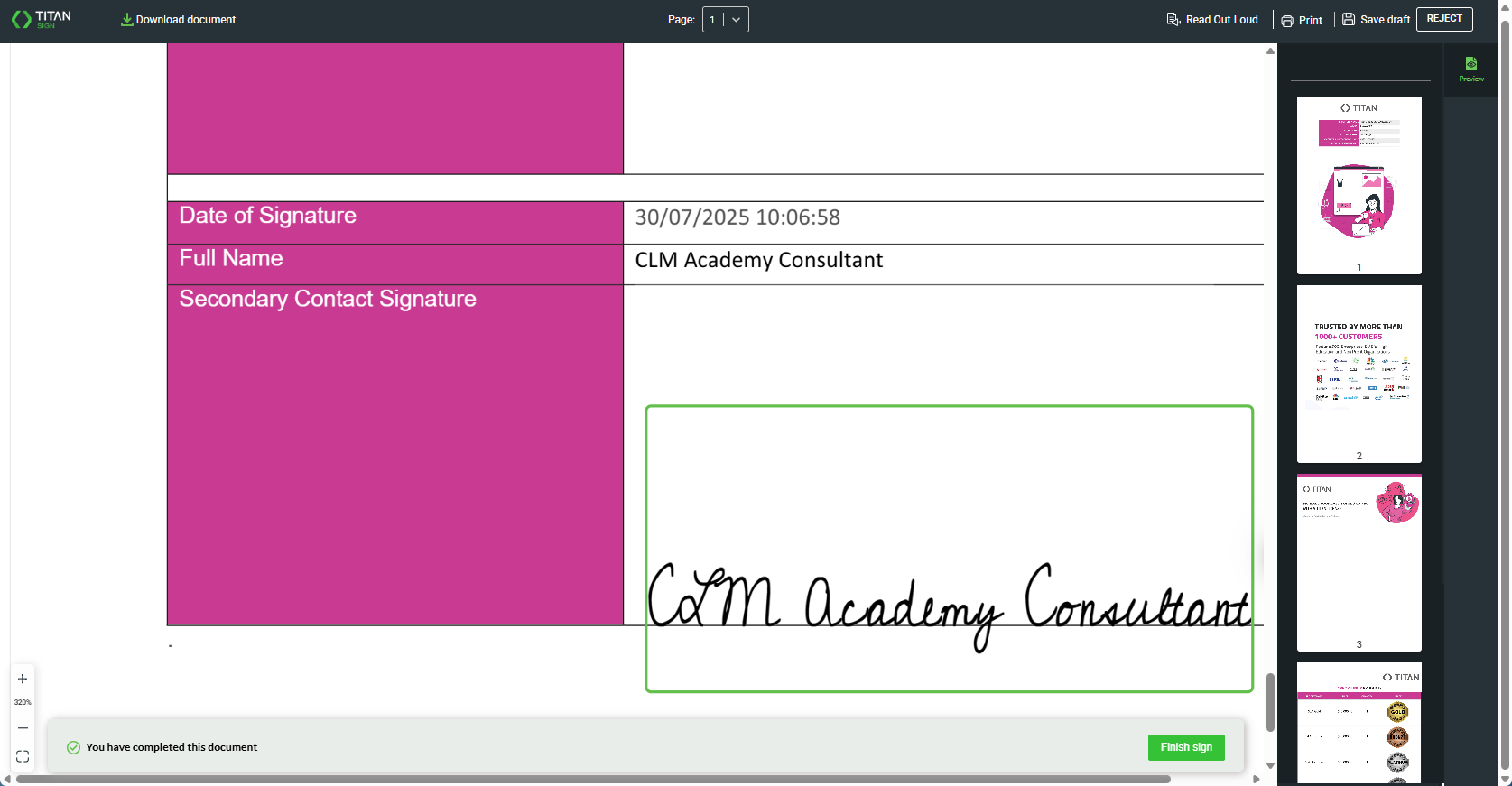 Screenshot showing the Finish Sign button