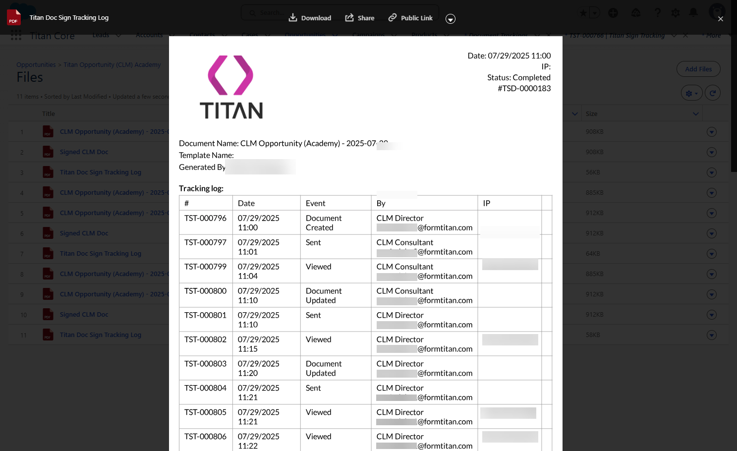 Screenshot of Titan Doc Sign Tracking file