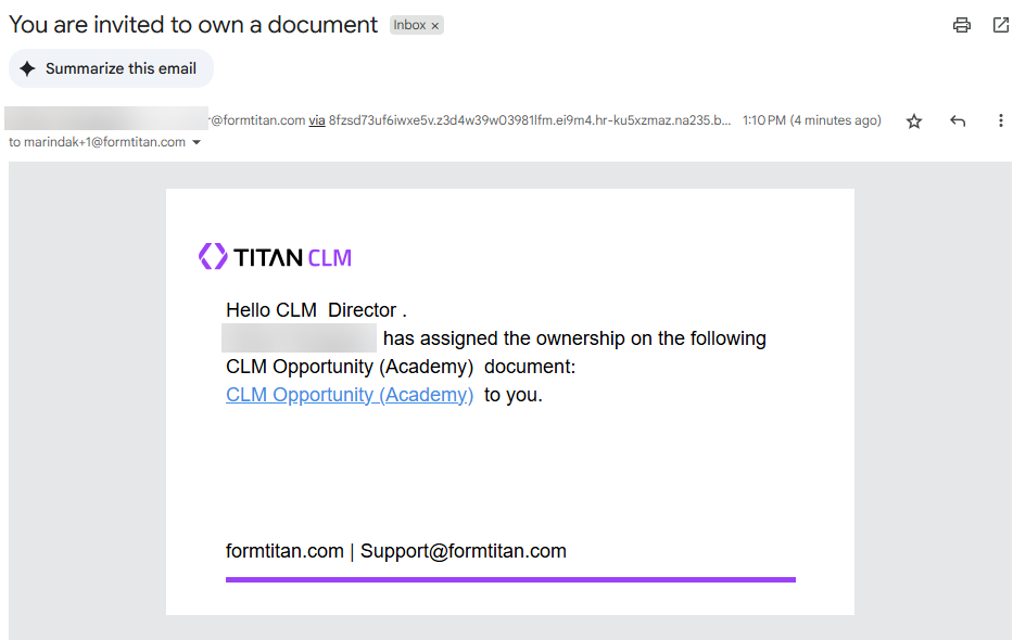 Screenshot of email to owner