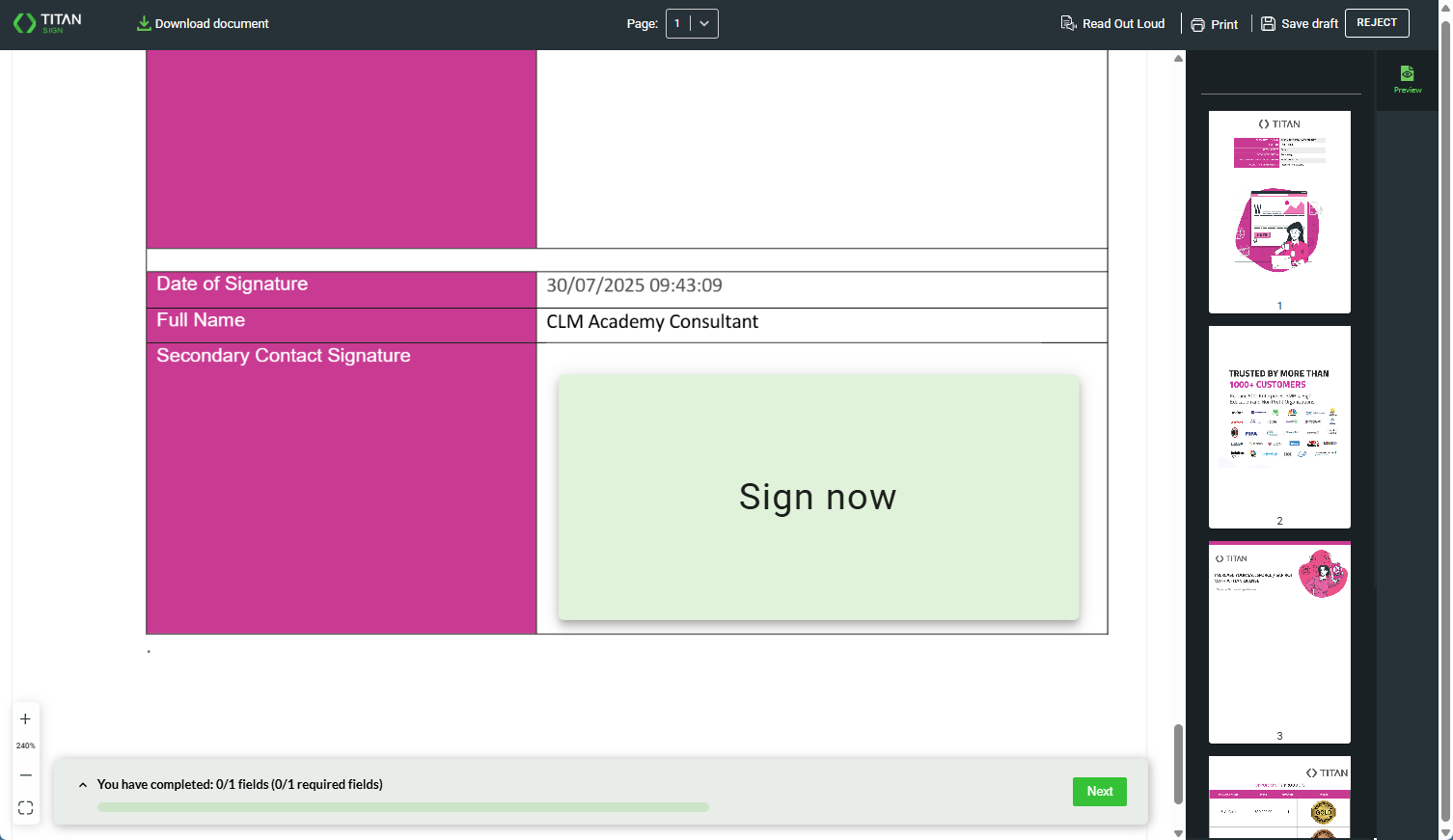 Screenshot sjhowing the Signature field
