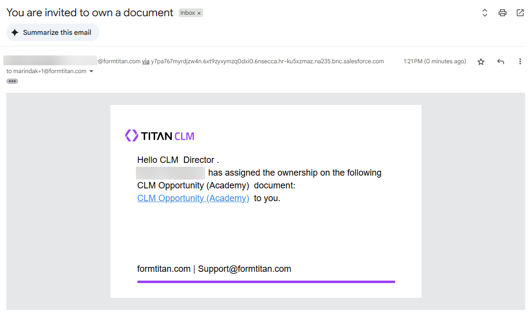Screenshot of email to owner