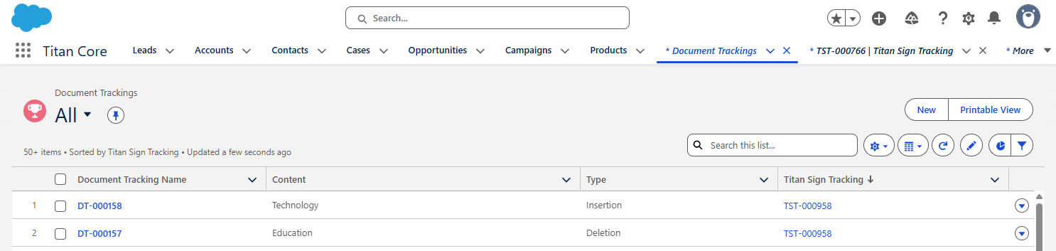 Screenshot of the Document Tracking object