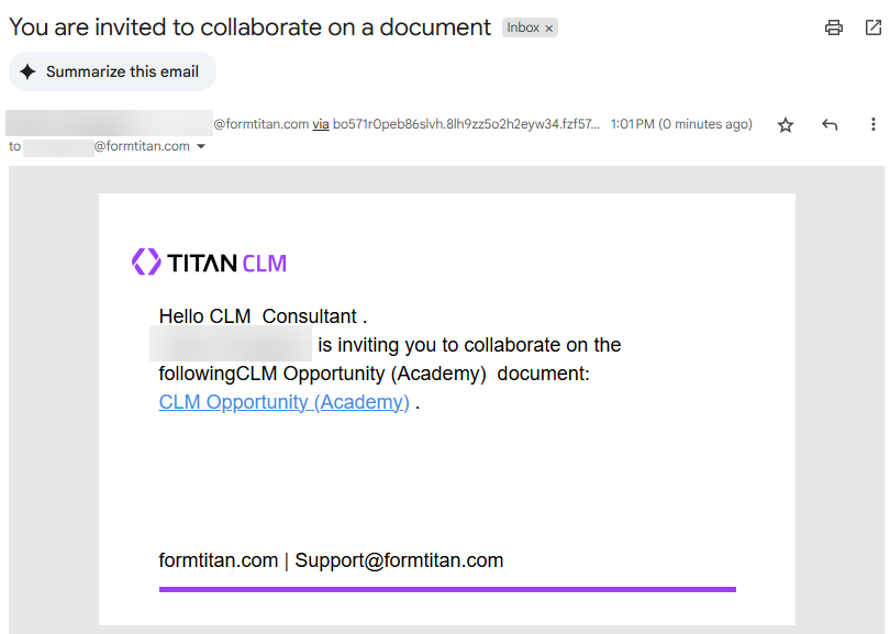 Screenshot of email to collaborator