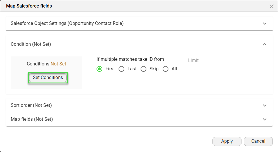 Screenshot showing the Set Conditions button