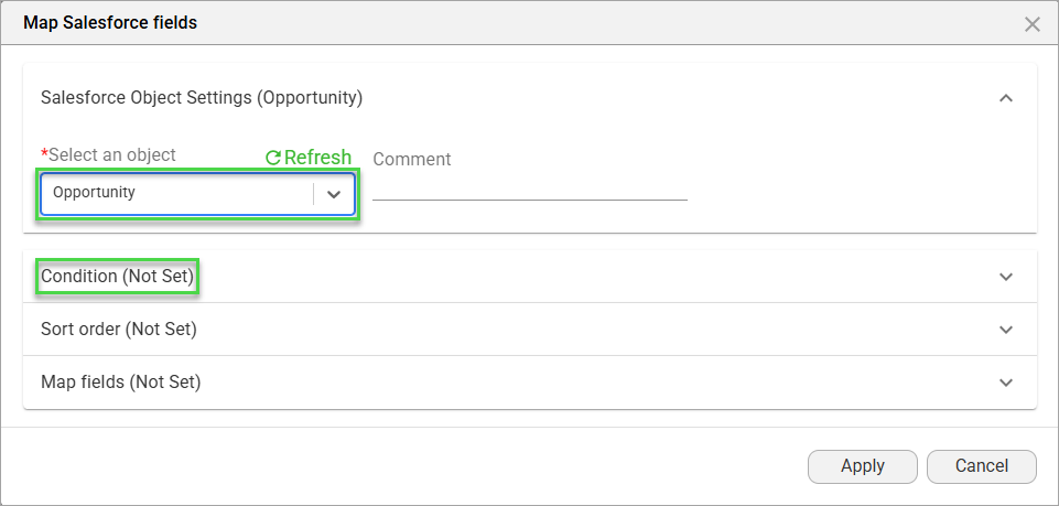 Screenshot of Conditions option not set