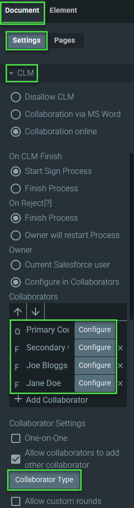 Screenshot showing the Collaborator Type button