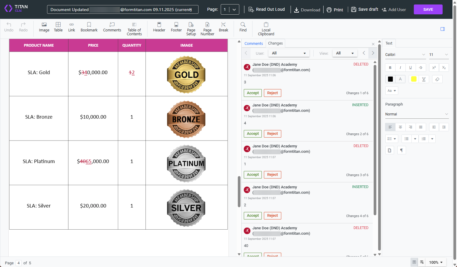 Screenshot of changes to be accepted or rejected