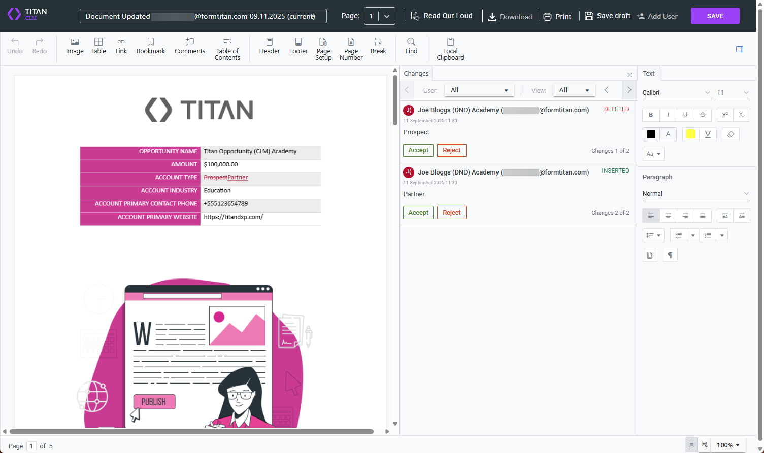 Screenshot of final changes that owner must accept or reject