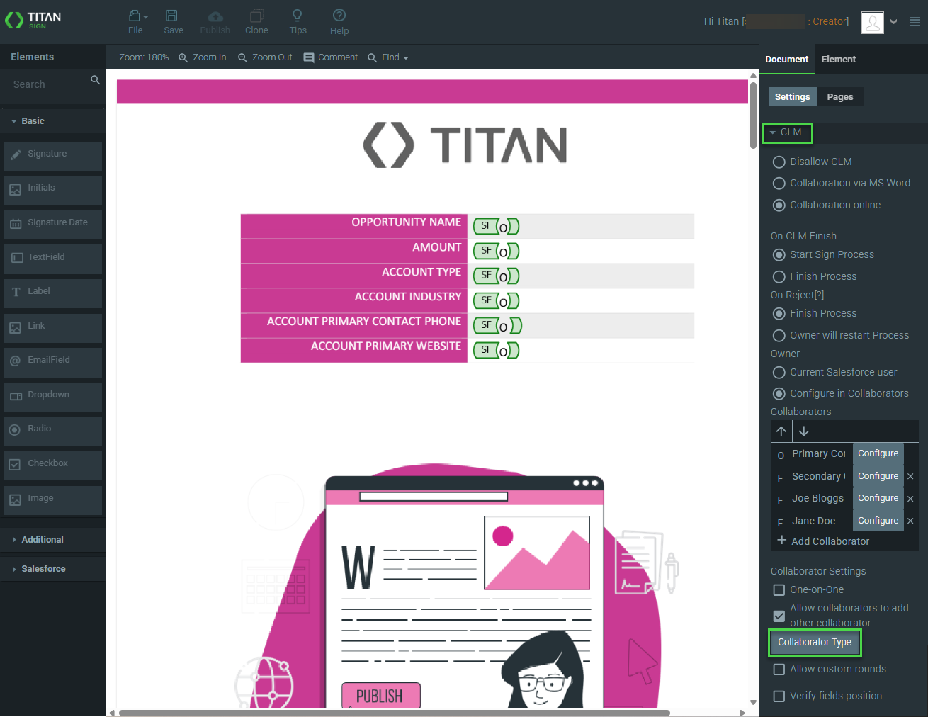 Screenshot of CLM tool - Collaborator Type button