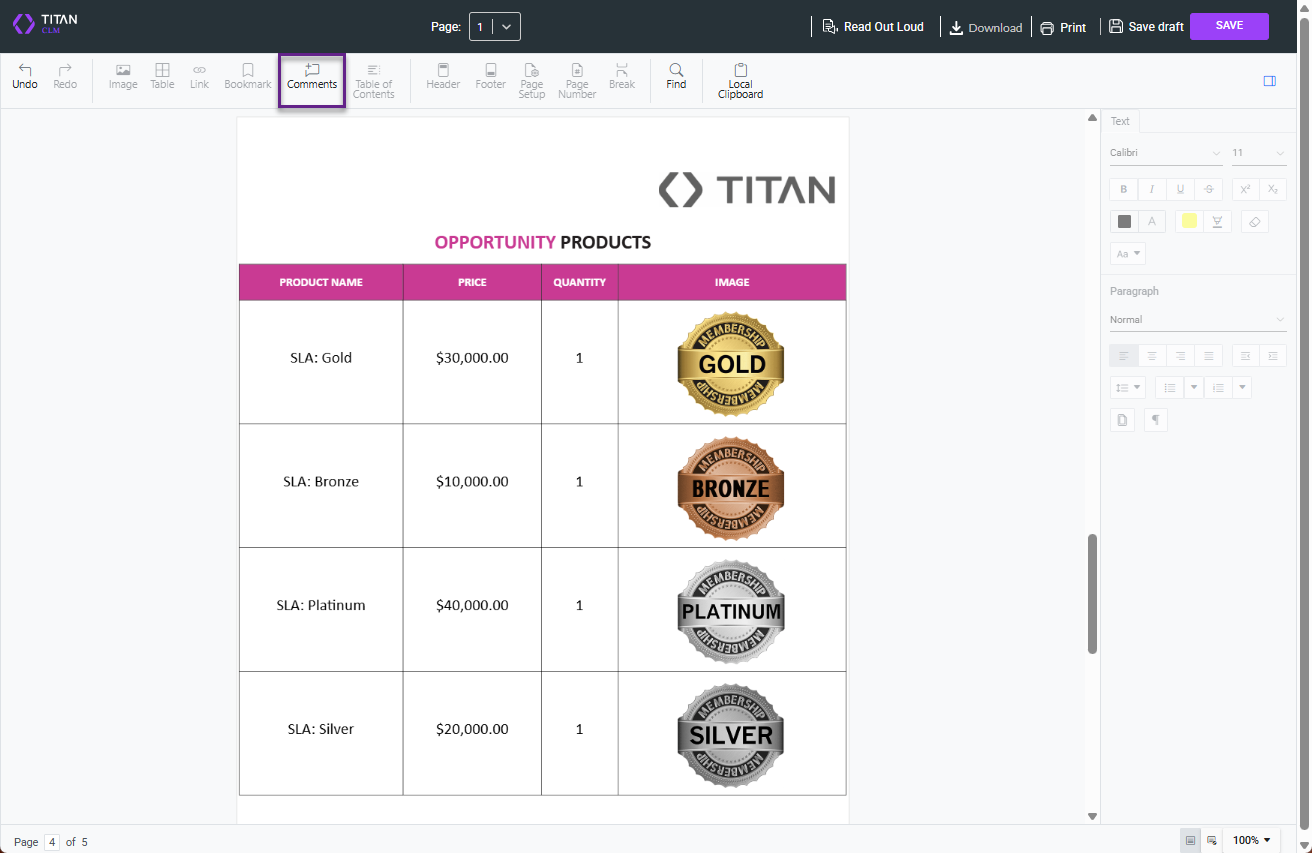 Screenshot showing Comments option on toolbar