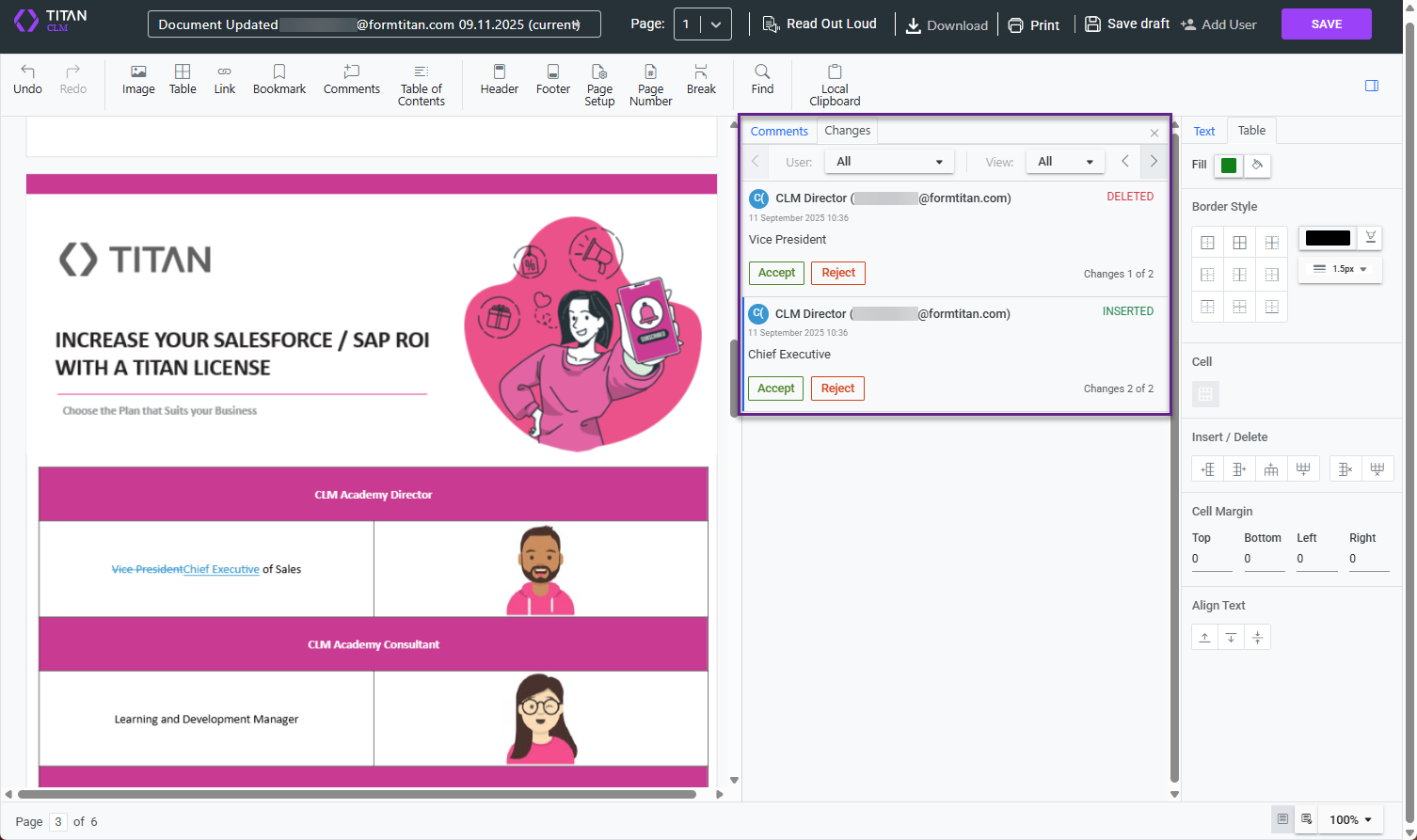 Screenshot of deletions and insertions on the Changes tab