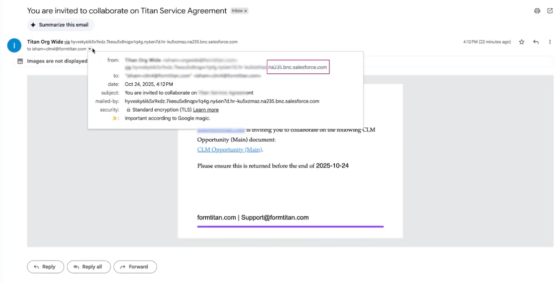 Screenshot of the email sent from salesforce 