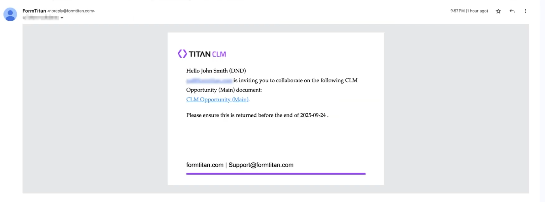 Example of an email triggered from Titan 