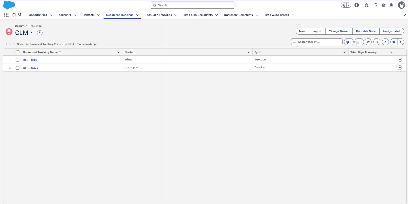 Screenshot of document tracking window 