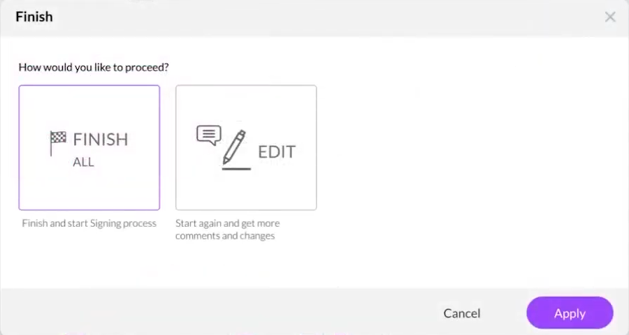 Finish dialog where selecting "Finish All" completes the CLM process and starts the document signing process.