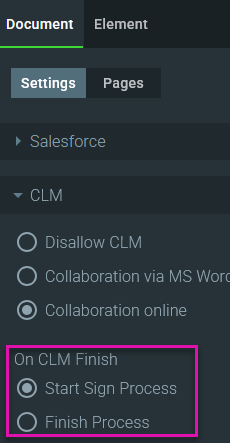 Document settings panel showing CLM options with radio buttons for “Start Sign Process” and “Finish Process.”