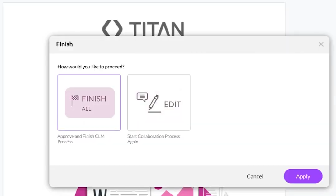 Finish dialog asking how to proceed, with options to finish the CLM process or restart the collaboration process.