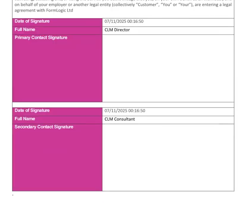 Document uploaded after finishing the CLM process showing empty signature sections because the signing process was not trigge