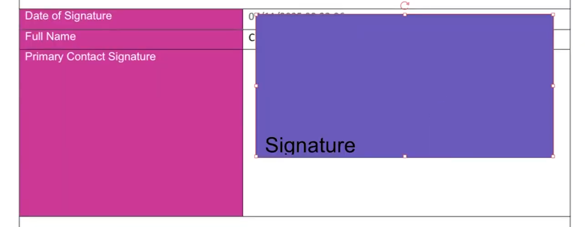 Document editor showing a signature field selected so it can be repositioned before confirming the signing process.