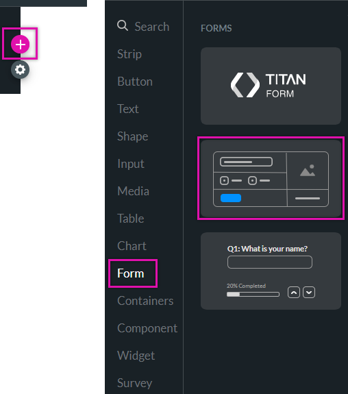 Screenshot of element menu showing how to insert a form element 