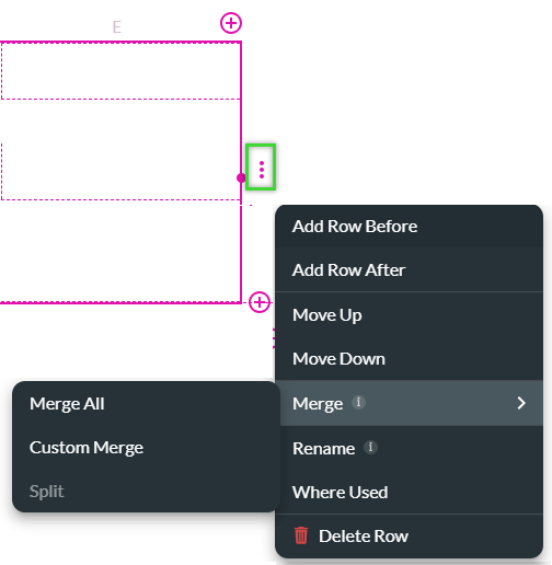 Screenshot of row kebab menu displaying merge row options 