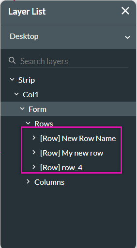 Screenshot of the Layer List displaying the row names 