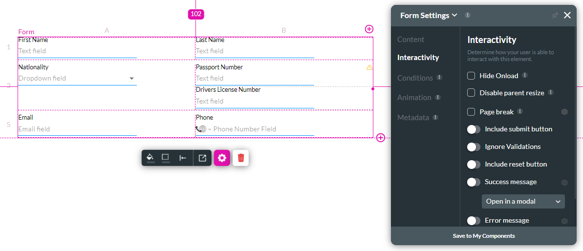 Screenshot of form interactivity settings 