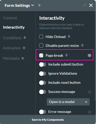 Screenshot form settings menu showing interactivity tab 