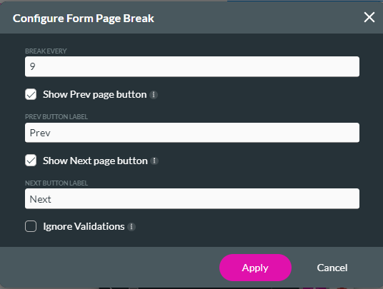 Screenshot of configure form page break settings 