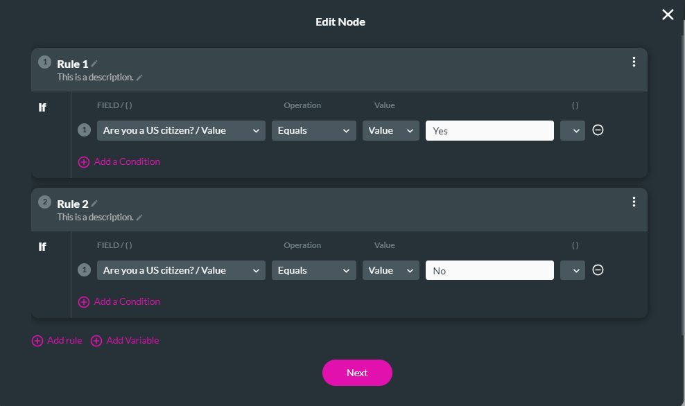 Screenshot of edit nodes screen showing how to configure two conditions 