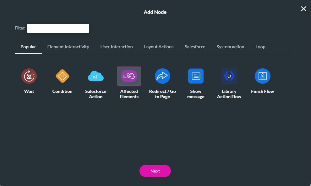 Screenshot of Add Node window with affected element node highlighted 