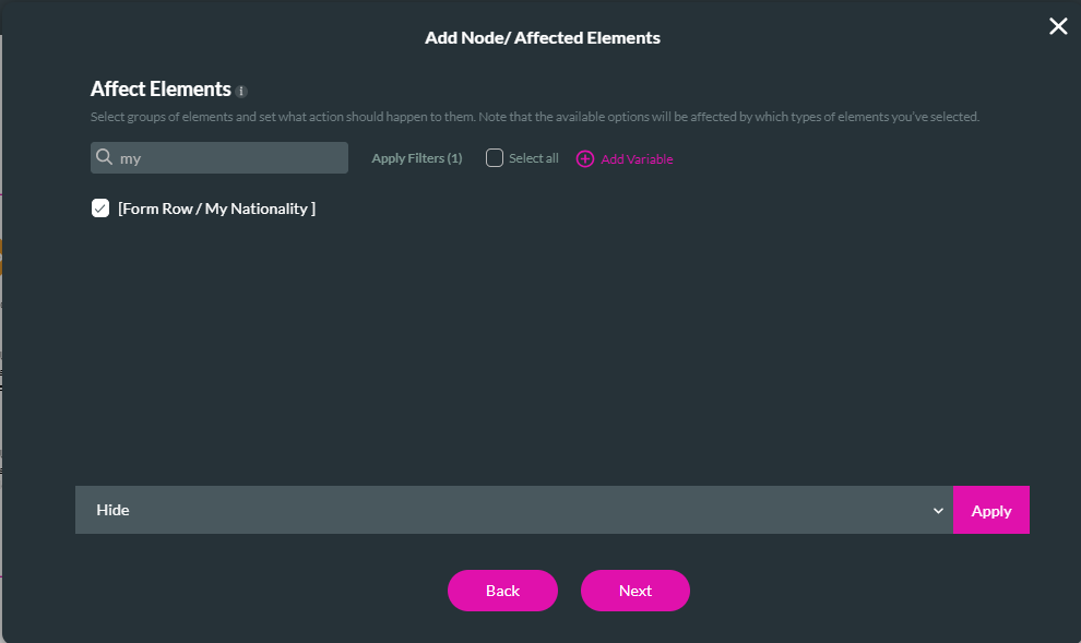 Screenshot of Add Node Affected Elements configuration 